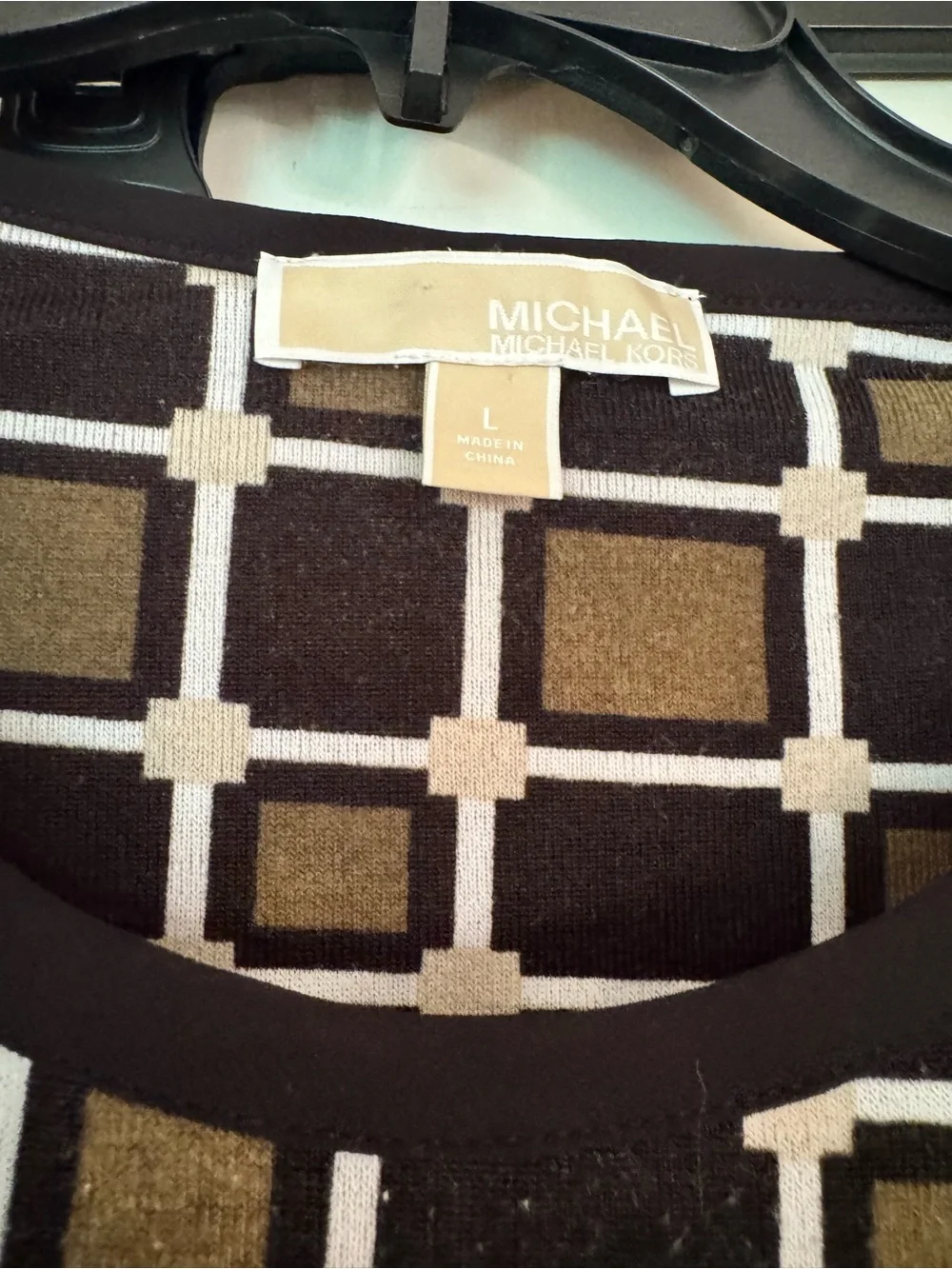 Michael Kors Black Olive & Cream Grid-Print Long Sleeve Top